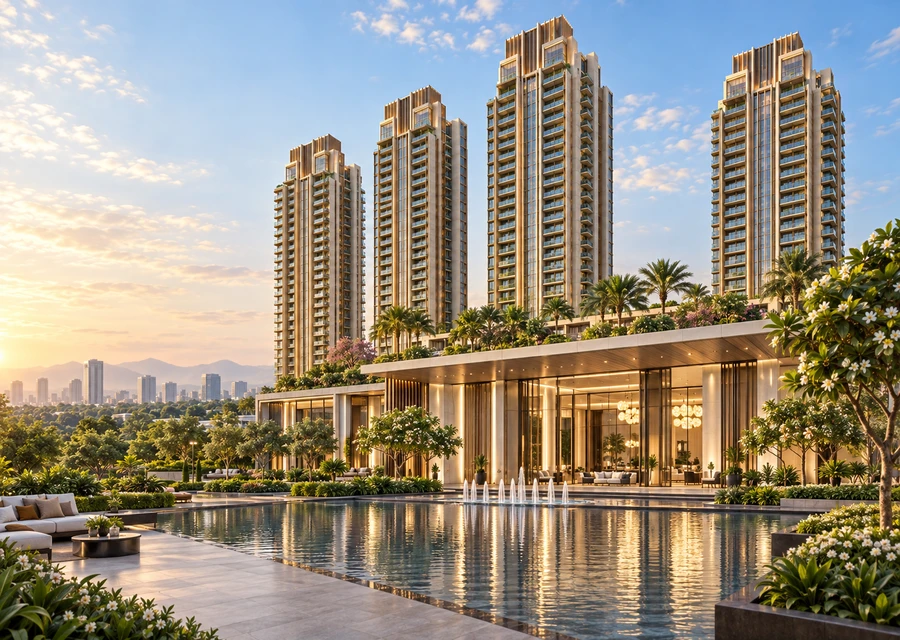 Swimming pool deck at sunset — representative image, Prestige Sector 92