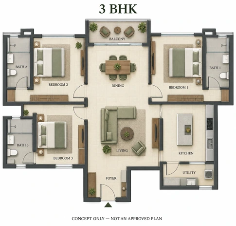 3 BHK Residences floor plan at Prestige Sector 92, approx.  985 sq.ft.