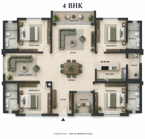 4 BHK Residences floor plan at Prestige Sector 92, approx.  3,000 - 3,346 sq.ft.