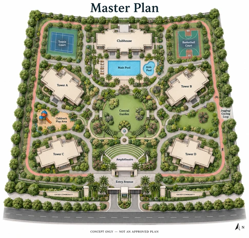 Prestige Sector 92 master plan showing the towers, landscaped areas and amenity zones at Gurgaon